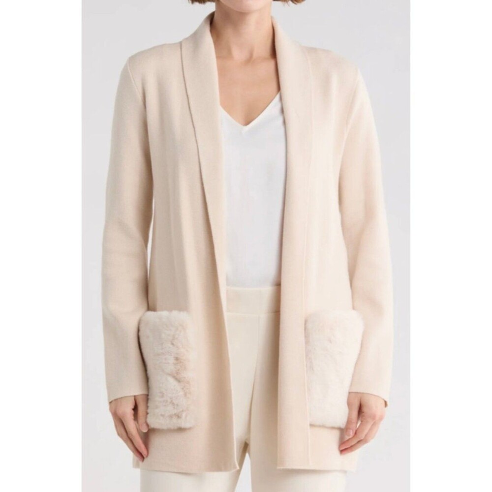 T Tahari Shawl Collar Long Sleeve Cardigan Cream White Small Faux Fur Pockets